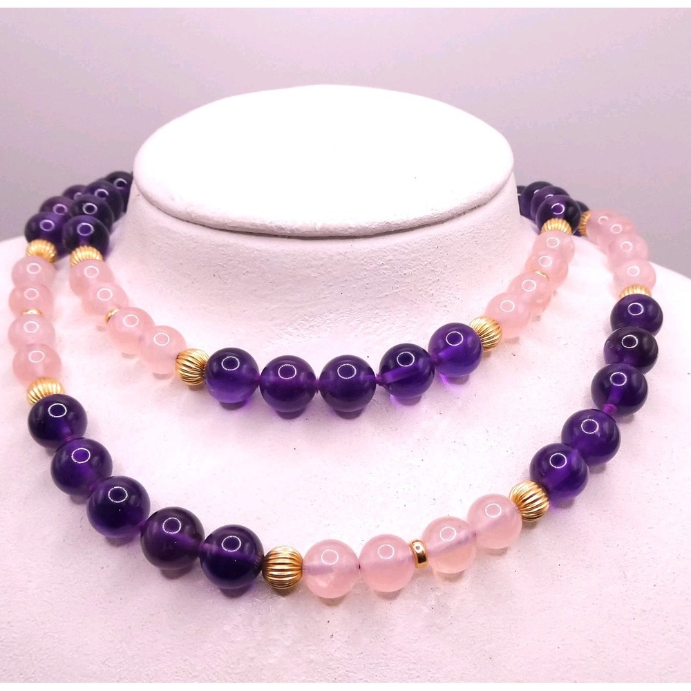 14k Gold Amethyst Rose Quartz Beaded 9mm Hand Knotted 24" Womens Necklace